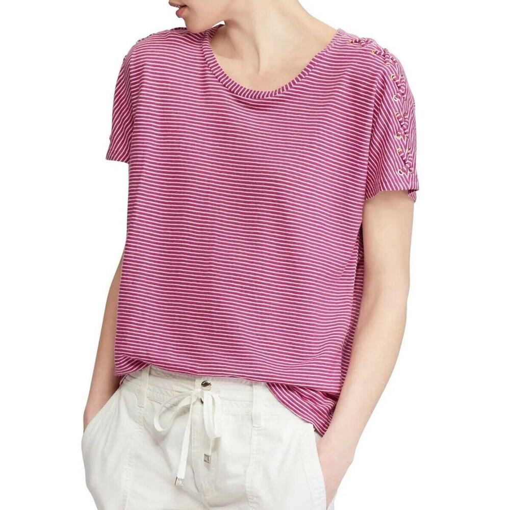 Lauren Ralph Lauren Linen Blend Short Sleeve Nautical Summer Top - Purple Wmns S